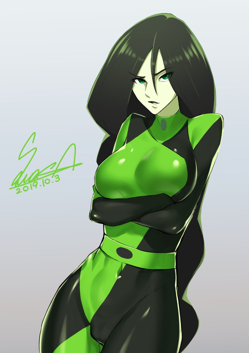 1girls 2019 arms_under_breasts artist_signature athletic_female belly_button belly_button_visible_through_clothing big_breasts black_hair black_lipstick bodysuit breasts busty cameltoe clothed clothed_female clothes clothing dated disney disney_channel eyelashes female fit_female fully_clothed gloves green_body green_eyes green_skin grey_background hair handwear hi_res human kim_possible large_breasts legs_together light-skinned_female light_skin lipstick long_hair looking_at_viewer navel navel_visible_through_clothes pale-skinned_female pale_skin pose posing sawasa shego simple_background skin_tight solo stomach thick_thighs thighs tight_clothing very_long_hair wide_hips