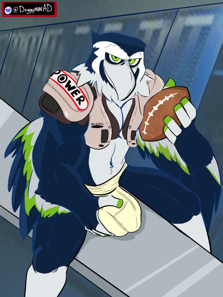 1boy 3:4 accipitrid accipitriform anthro athletic athletic_anthro athletic_male avian ball beak bench biceps bird blitz_the_seahawk blue_body blue_feathers bulge bulge_grab clothing feathers football_(ball) genital_outline green_eyes grey_body grey_feathers grin hi_res jockstrap locker_room male male_only mascot maverickk_(artist) nfl penis_outline protective_gear seattle_seahawks smile solo underwear