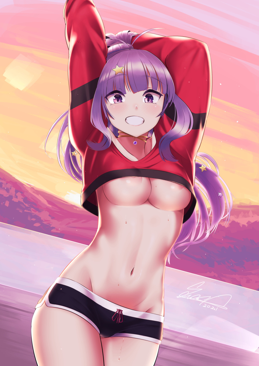 1girls areola_slip arms_up crop_top long_hair looking_at_viewer outdoors purple_hair sawasa shorts smile solo underboob