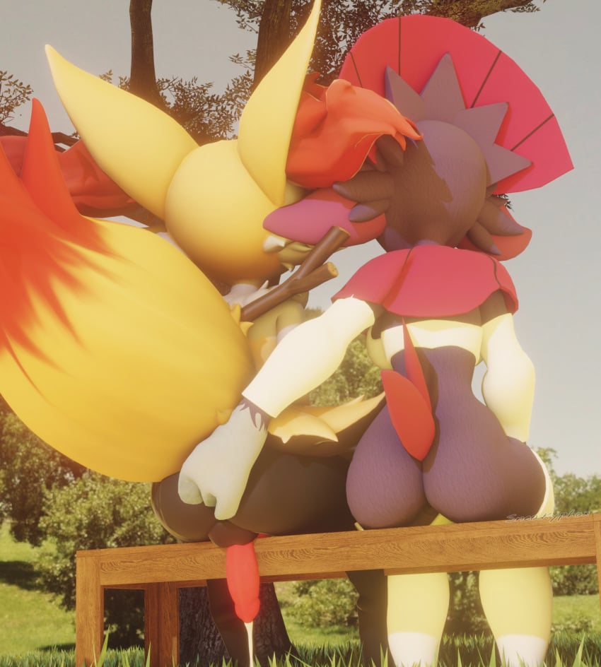 3d_(artwork) anal anal_fingering animal_genitalia animal_penis anthro armwear bench blender_(software) bodily_fluids bra braixen canine_penis clothing cock-tail cum cum_drip digital_media_(artwork) dominant dominant_female dripping duo female female_fingering_male fingering genital_fluids genitals hi_res inner_ear_fluff interspecies leggings legwear male male/female nintendo outside penis pokémon_(species) pokemon pokemon_(species) rear_view sex sitting sitting_on_bench sneakyphox stealth_sex stick submissive submissive_male tuft underwear video_games weavile