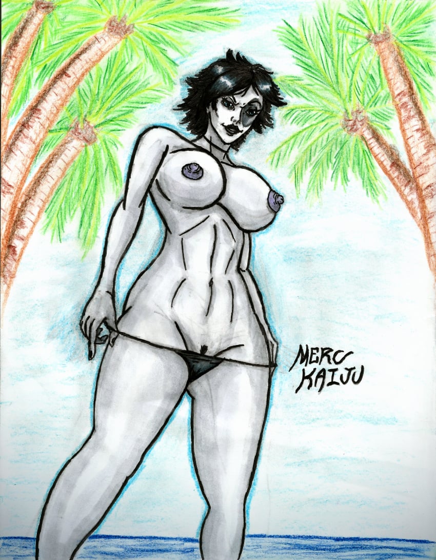 1girls beach big_breasts bikini_bottom black_bikini black_hair black_lips black_lipstick black_nails black_panties black_underwear blue_eyes breasts busty choker cleavage curvy domino_(marvel) fanart female landing_strip legs looking_at_viewer looking_down_at_viewer marvel marvel_comics merc_kaiju mostly_nude mutant neena_thurman nipples ocean outside painted_nails pale-skinned_female pale_skin palm_tree palm_trees panties partially_nude pubic_hair pulling_down_panties self_upload short_hair solo solo_female thighs topless topless_female traditional_art traditional_media traditional_media_(artwork) underwear undressing water white_skin x-force x-men