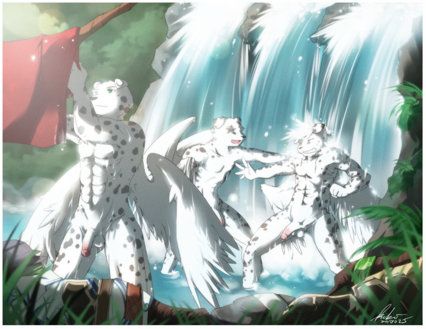 balls canine dalmatian canine flaccid kubikitsune_(artist) male nude penis waterfall wet wings