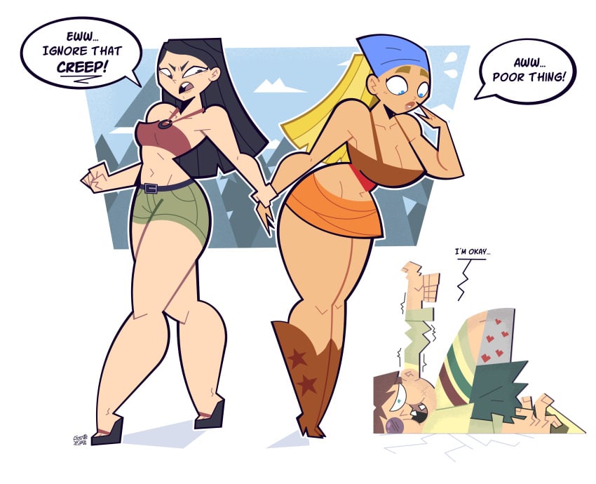 1boy 2girls asian asian_female big_breasts big_hips black_hair blonde blonde_hair breasts brunette canada canadian_animation cartoon_network cleavage cody_(tdi) défis_extrêmes dialog female fresh_tv goodbyellow heather_(tdi) jordy_(défis_extrêmes) l'île_des_défis_extrêmes lindsay_(tdi) long_hair male marilou_(défis_extrêmes) stylized tania_(défis_extrêmes) teletoon thick_thighs total_drama_island
