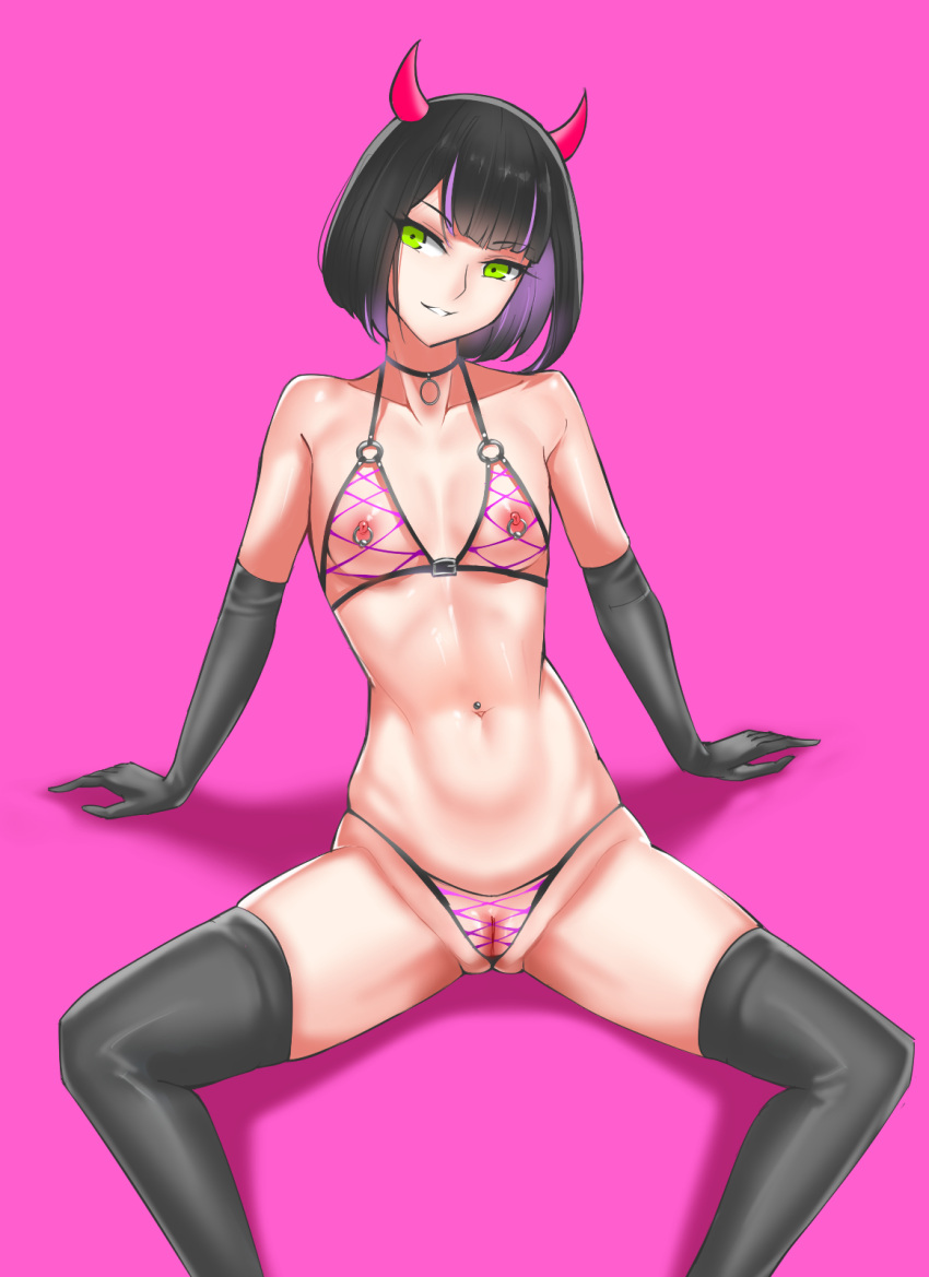 bare_shoulders black_choker black_gloves black_hair black_legwear breasts choker collarbone elbow_gloves eyebrows_visible_through_hair female gloves green_eyes highres horns invisible_chair multicolored multicolored_hair navel navel_piercing nipple_piercing o-ring original parted_lips piercing pink_background purple_hair pussy revealing_clothes shiny shiny_skin simple_background sitting smile solo spread_legs streaked_hair vvv_(vvv98048917)