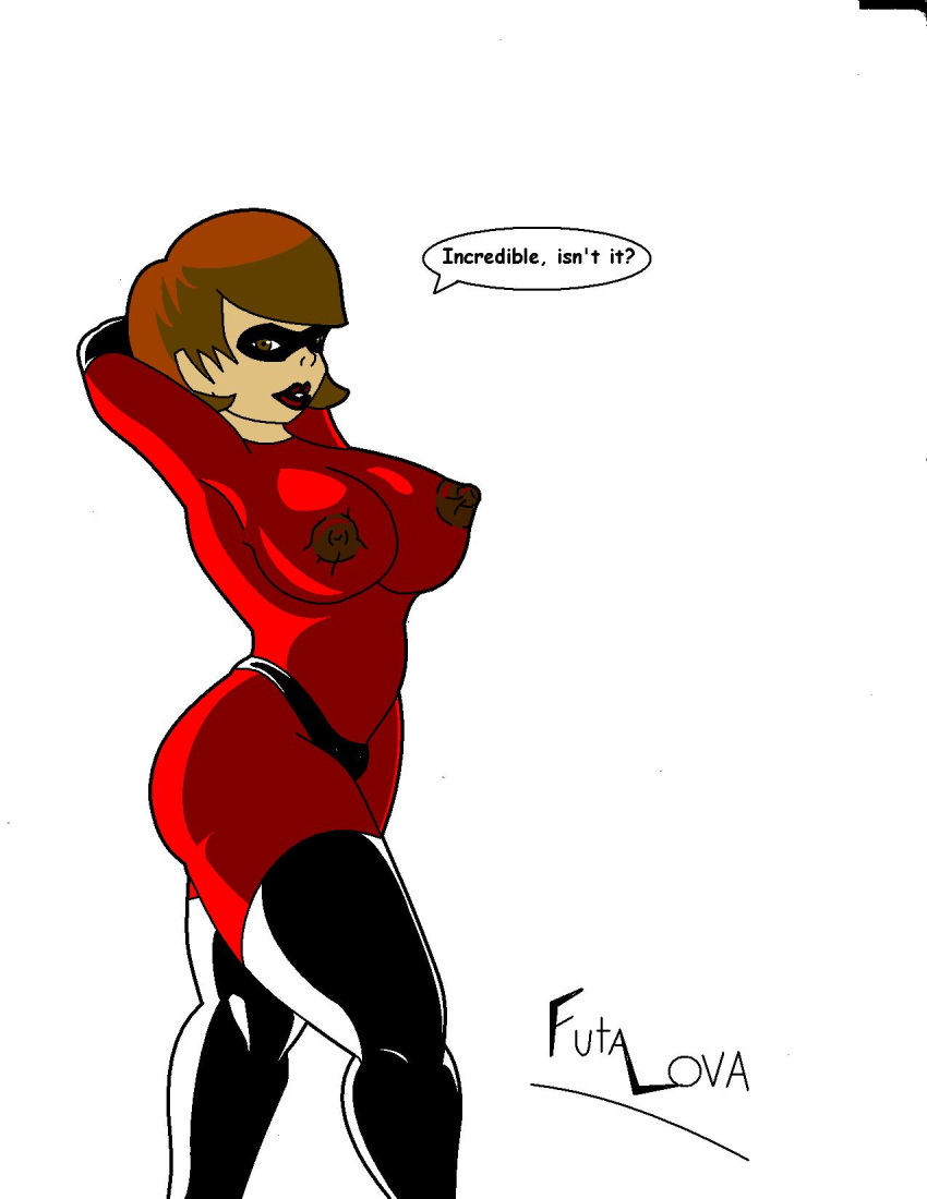 1girls arms_behind_head bent_arms big_breasts boots breasts brown_eyes brown_hair disney elastigirl erect_nipples futalova gloves hair helen_parr jumpsuit large_nipples looking_at_viewer mask nipples pixar red smooth_skin superheroine text the_incredibles thigh_high_boots white_background