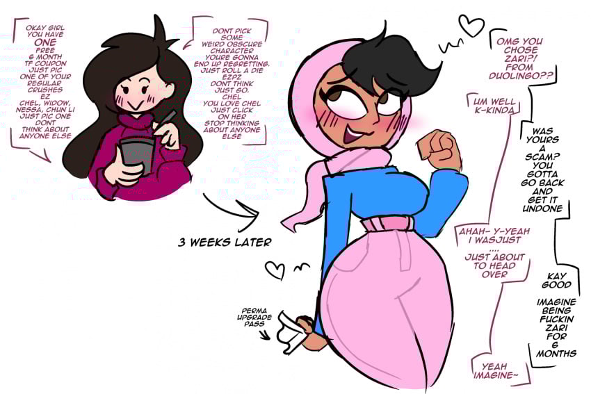 buttsaw duolingo gender_transformation genderswap genderswap_(mtf) hacssaw hijab human islam mtf_crossgender mtf_transformation muslim race_swap rule63 rule_63 transformation transformation_through_technology wide_hips zari_(duolingo)