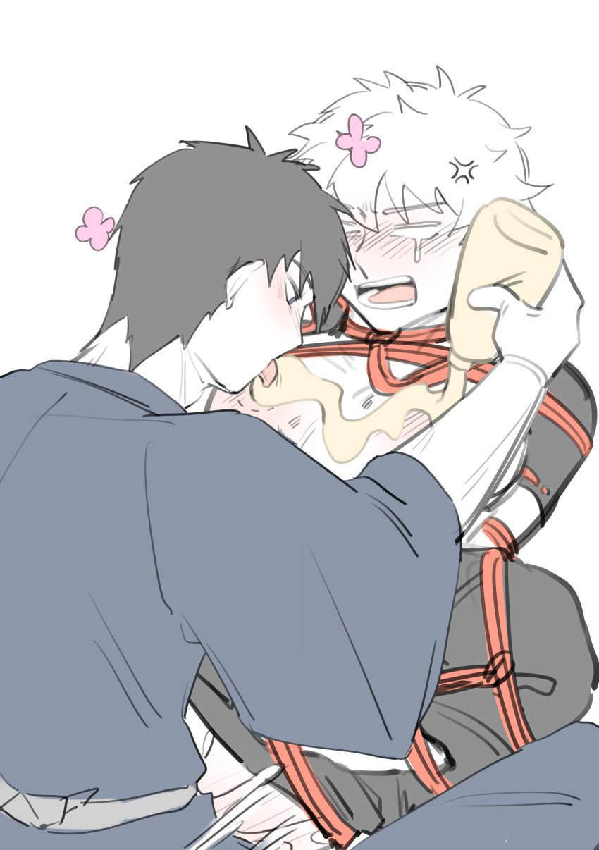 2boys angry blush bondage food food_on_body food_play gay gintama gintoki_sakata hijikata_toshiro implied_anal implied_sex male male_only mayonnaise no_visible_genitalia restrained rope rope_bondage whitecatemily yaoi