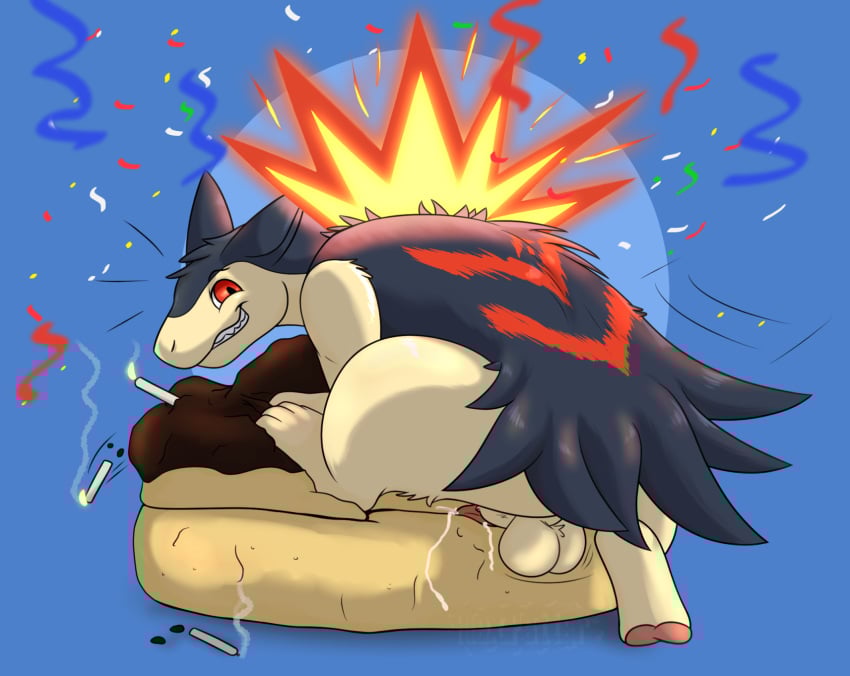 alex.fetter animal_genitalia animal_penis balls birthday blue_body blue_fur bodily_fluids cake cum dessert food fur generation_2_pokemon genital_fluids genitals hi_res hump_(disambiguation) male nintendo pawpads penis pokemon pokemon_(species) red_eyes sheath solo tan_body tan_fur teeth typhlosion