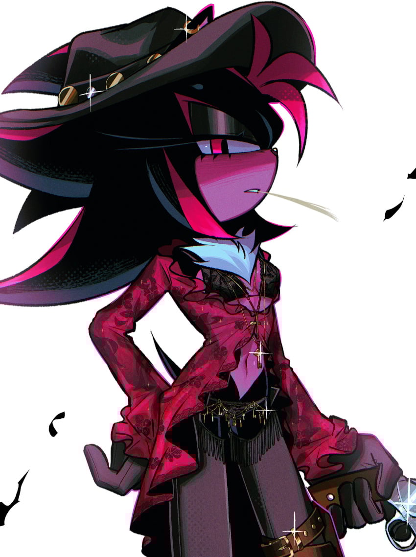 a_k1as black_fur bra chest_tuft cowboy_hat cowgirl_(western) cowgirl_outfit exposed_navel eyelashes eyeshadow genderswap_(mtf) hand_on_hip holding_object lace navel necklace red_eyes revolver shade_the_hedgehog shadow_the_hedgehog small_breasts sonic_(series) sonic_the_hedgehog_(series) tail wheat_in_mouth