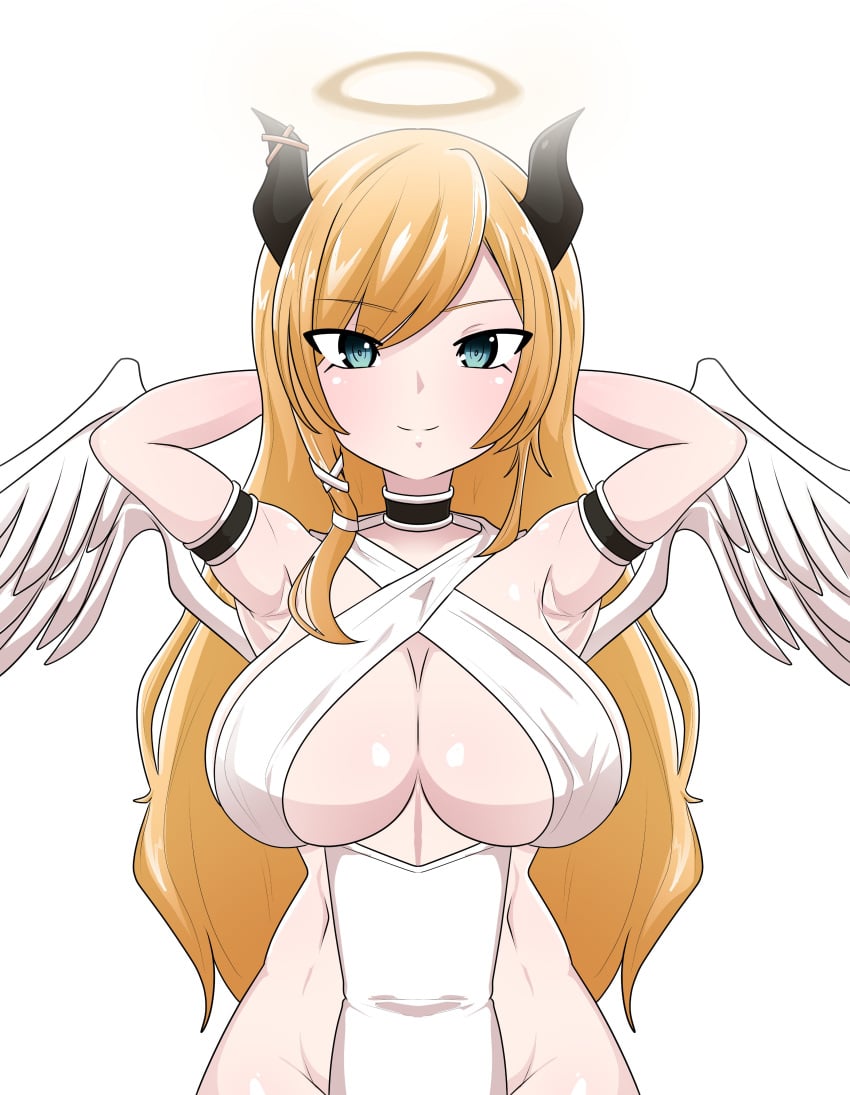angel_wings armpits arms_up blonde_hair blue_eyes criss-cross_halter demon_horns halo hands_behind_head hololive large_breasts long_hair looking_at_viewer muugumemo smile white_background yuzuki_choco