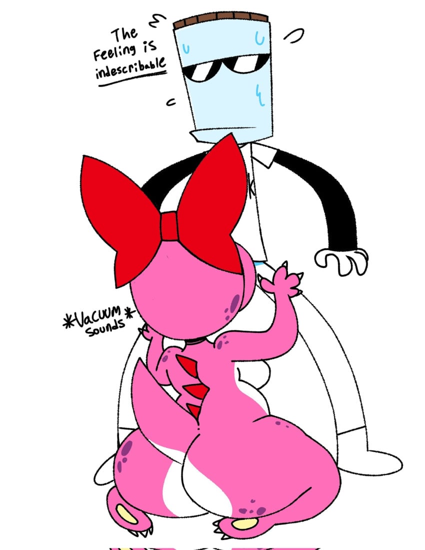 2025 4_fingers anthro ass back_spikes big_butt biped birdo birdo_(character) bodily_fluids bottom_heavy bow_on_head breasts claws clothing container duo english_text female finger_claws fingers for_a_head hi_res itz_not_v jar jarhead_(itz_not_v) kneeling male male/female mario_bros mouth_closed multicolored_body multicolored_scales nintendo object_head oral pear-shaped_figure pink_body pink_scales red_bow scales shirt simple_background spikes spikes_(anatomy) standing sweat tail text topwear wearing_sunglasses white_background white_body white_clothing white_scales white_shirt white_topwear wide_hipped_anthro wide_hipped_female wide_hips