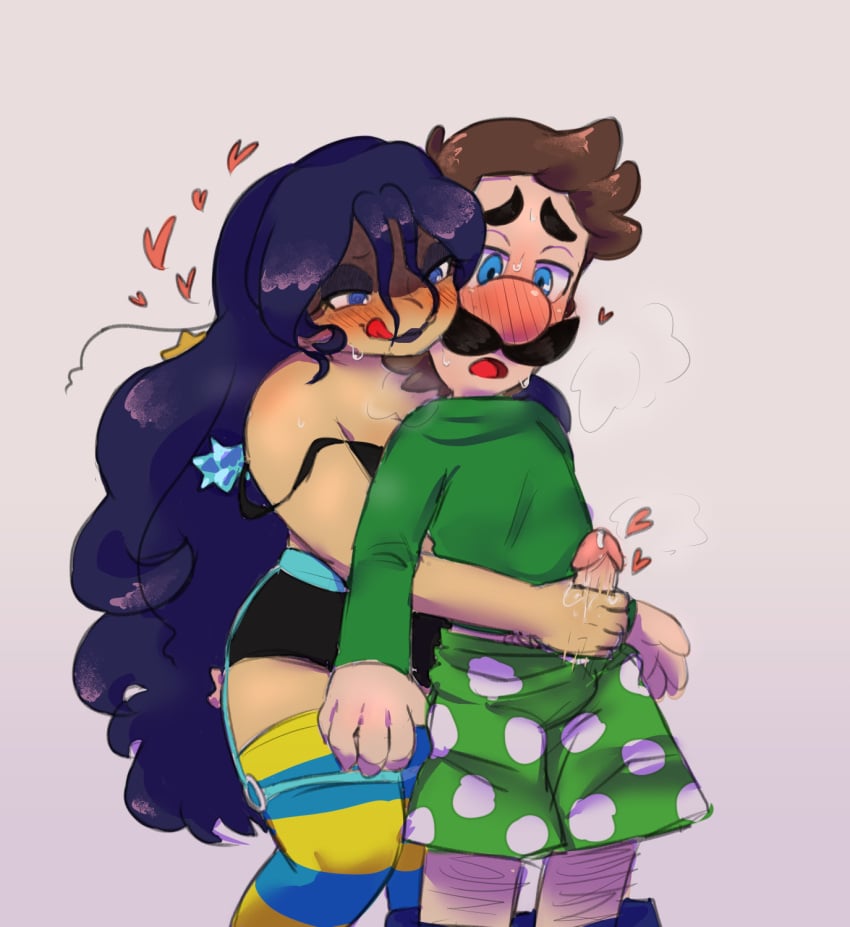 1boy 1girls blue_eyes blue_hair blush brown_hair clothing duo erection facial_hair female genitals green_shirt green_underwear hair hand_on_penis handjob heart light-skinned_female light_skin light_skinned_male long_hair looking_at_penis luigi male male/female mario_(series) moustache nintendo oc oc_x_canon open_mouth penis penis_out shirt short_hair simple_background straight tongue tongue_out witchless_(artist)