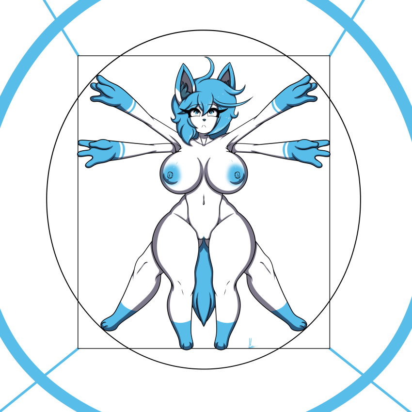 absurd_res anthro big_breasts blue_eyes blue_hair breasts felestell female fur hair hi_res signature solo tagme thiccy_(felestell) vitruvian_man white_body white_fur