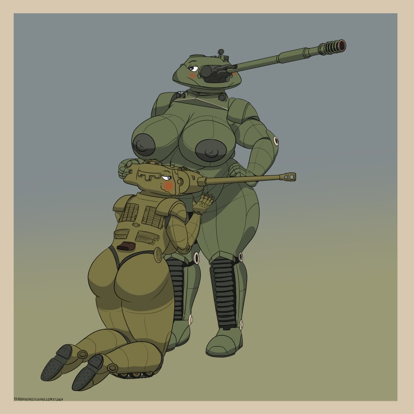 2024 
1:1 absurd_res anthro ass belly belly_grab big_belly big_breasts big_butt blue_eyes blush breasts colored dark_nipples duo female female/female green_body hand_on_head hi_res kneeling living_machine living_tank living_vehicle m26_pershing machine nadia_(panzerschreckleopard) nude overweight overweight_female panzerschreckleopard purple_eyes scarlett_(panzerschreckleopard) t-10_(tank) tank tankmorph vehicle wide_hips