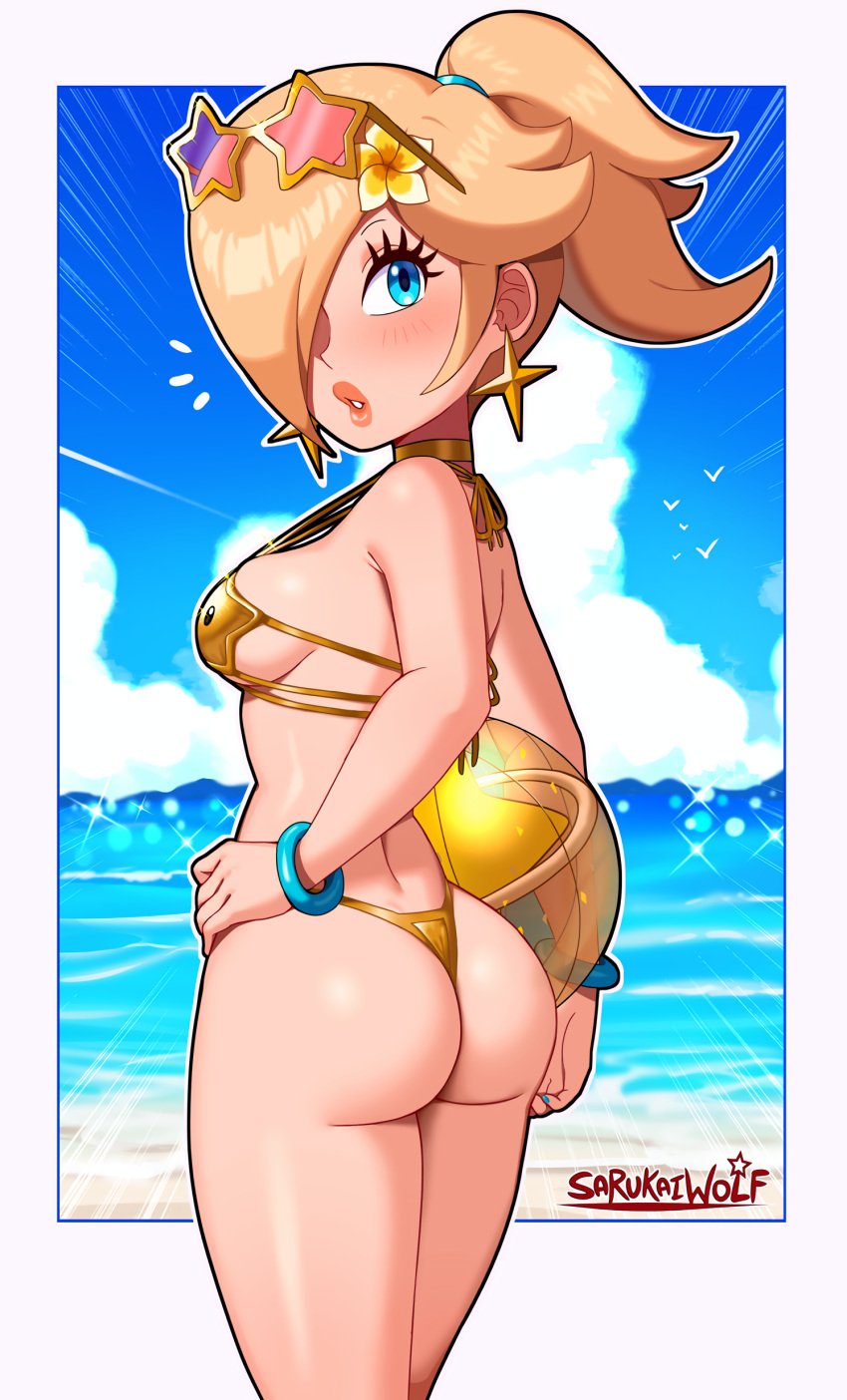 1girls 2d 2d_(artwork) ass ball_under_arm beach beach_ball belly belly_button bikini bimbo blonde_hair blue_eyes blue_nails blush bracelet chocker female female_only flower_in_hair gold_bikini hair_over_one_eye looking_at_viewer mario_(series) nail_polish nintendo ponytail power_star princess_rosalina revealing_clothes sandals sarukaiwolf skimpy_clothes star_earrings star_sunglasses string_bikini sunglasses sunglasses_on_head super_mario_galaxy thong_bikini