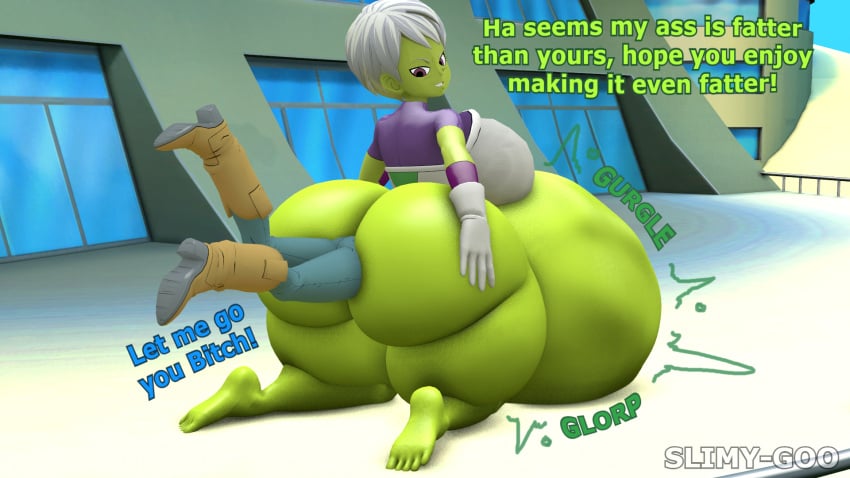 2girls 3d anal_vore ass belly belly_bulge big_ass big_belly bulma_briefs cheelai dragon_ball dragon_ball_super dragon_ball_z female female_pred female_prey green_skin huge_ass huge_belly same_size_vore slimy_goo vore white_hair