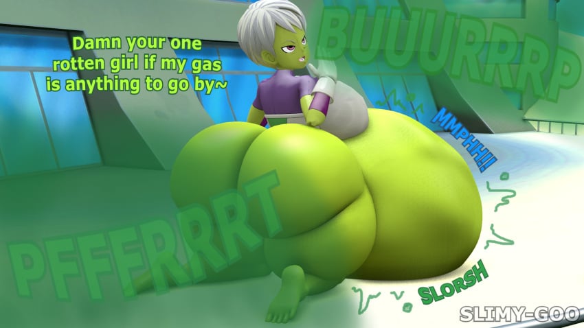 2girls 3d anal_vore ass belly belly_bulge big_ass big_belly bulma_briefs burp burping cheelai dragon_ball dragon_ball_super dragon_ball_z fart fart_cloud fart_fetish farting female female_pred female_prey green_skin huge_ass huge_belly post_vore post_vore_gas same_size_vore slimy_goo vore white_hair