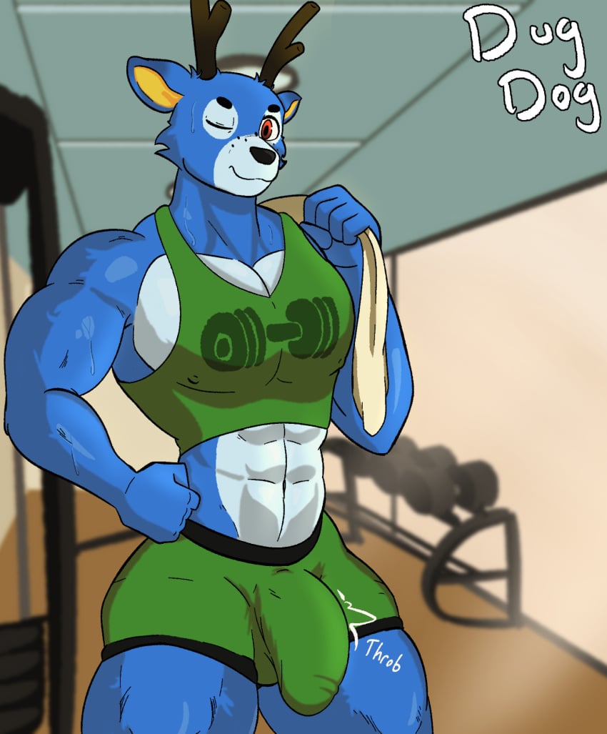 animal_crossing anthro anthro_only antlers athletic_wear bam_(animal_crossing) blue_body blue_fur bodily_fluids bottomwear bulge clothed clothing deer dialogue digital_media_(artwork) dugdog fur genitals green_bottomwear green_clothing green_shorts green_topwear gym gym_bottomwear gym_shorts hi_res horn looking_at_viewer male male_only mammal multicolored_body multicolored_fur muscular muscular_male nintendo red_eyes shirt shorts signature smile solo speech_bubble sweat tank_top throbbing throbbing_bulge topwear towel towel_on_shoulder two_tone_body two_tone_fur