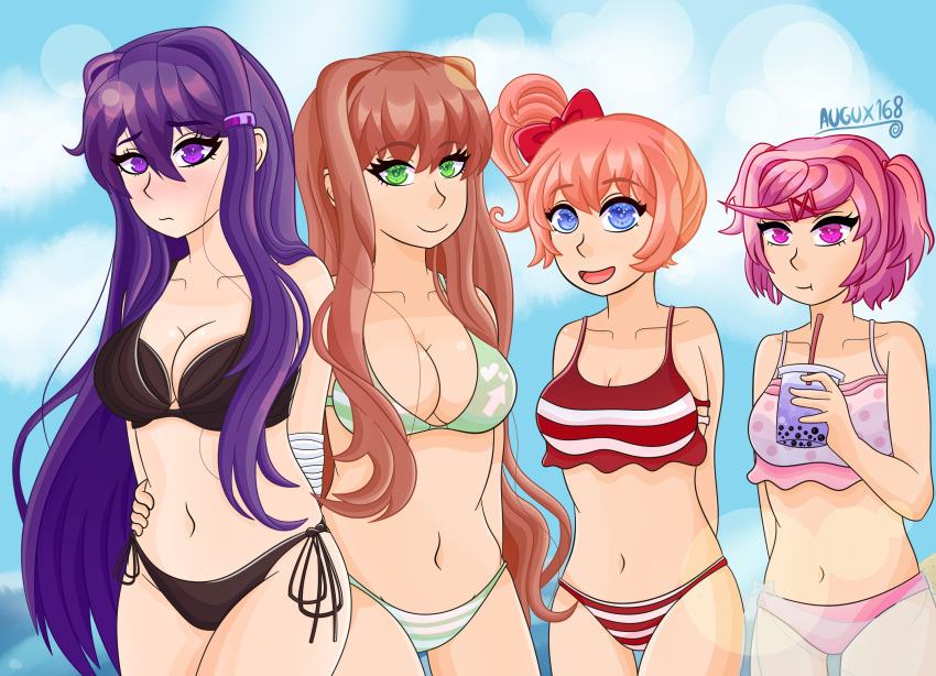 4girls :t bikini blue_eyes blush cleavage collarbone doki_doki_literature_club drawstring female female_only green_eyes long_hair monika_(doki_doki_literature_club) multiple_girls natsuki_(doki_doki_literature_club) navel pink_eyes pink_hair ponytail pout purple_eyes purple_hair sayori_(doki_doki_literature_club) strawberry_blonde_hair string_bikini twintails xugua186 yuri_(doki_doki_literature_club)