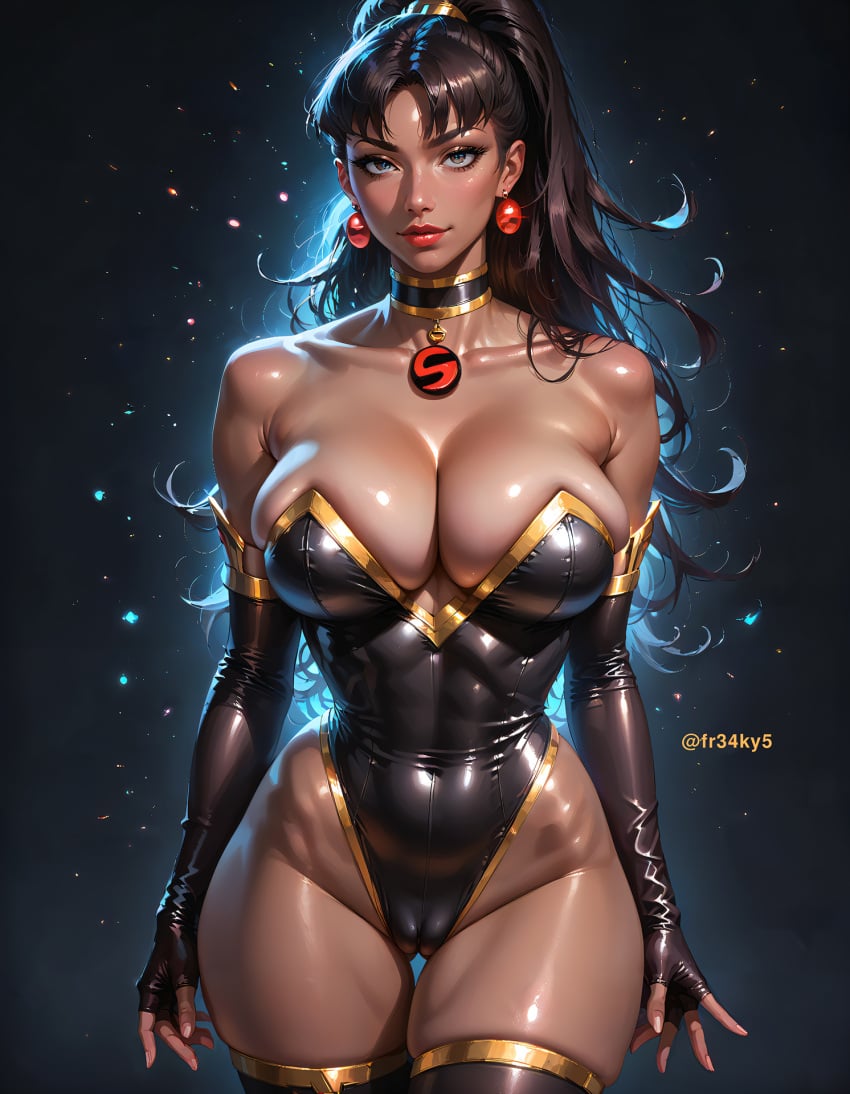 2024 2024s ai_generated big_breasts black_eyes black_hair breasts cameltoe choker cleavage crime_syndicate dark-skinned_female dark_skin dc dc_comics female female_focus female_only fr34ky gradient_background jewelry justice_league:_crisis_on_two_earths stable_diffusion superwoman superwoman_(mary_batson) thick_thighs thighs wide_hips