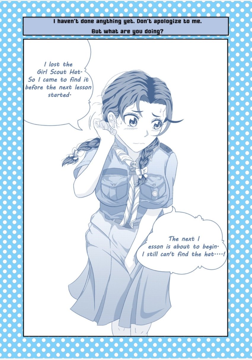 comic dialogue embarrassed girl_scout gofzilla looking_at_viewer pixiv speech_bubble text translated twintails uniform