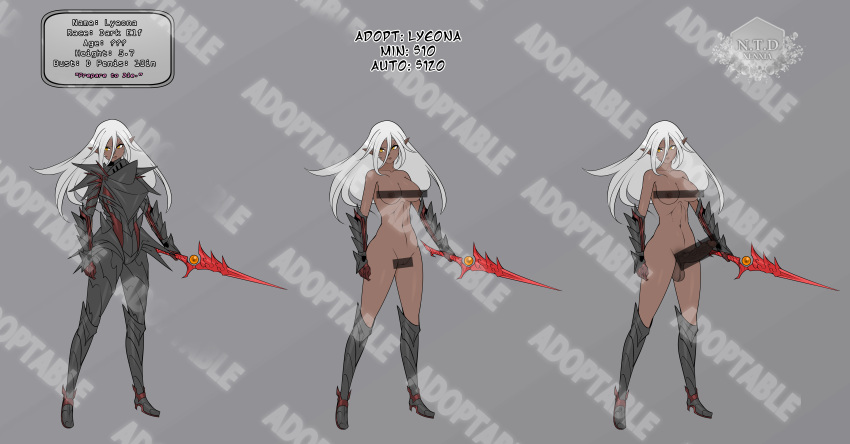 1futa 1girls adoptable armor atelier_sol_aer bar_censor big_breasts big_penis black_armor censored character_sheet clothed clothing cup_size d-cup_breasts dark-skinned_futanari dark_elf dark_penis dark_skin elf erection female futa_on_female futanari gray_hair humanoid humanoid_penis long_hair nude penis self_upload silver_hair simple_background solo standing veiny_penis white_hair xenxia ych yellow_eyes