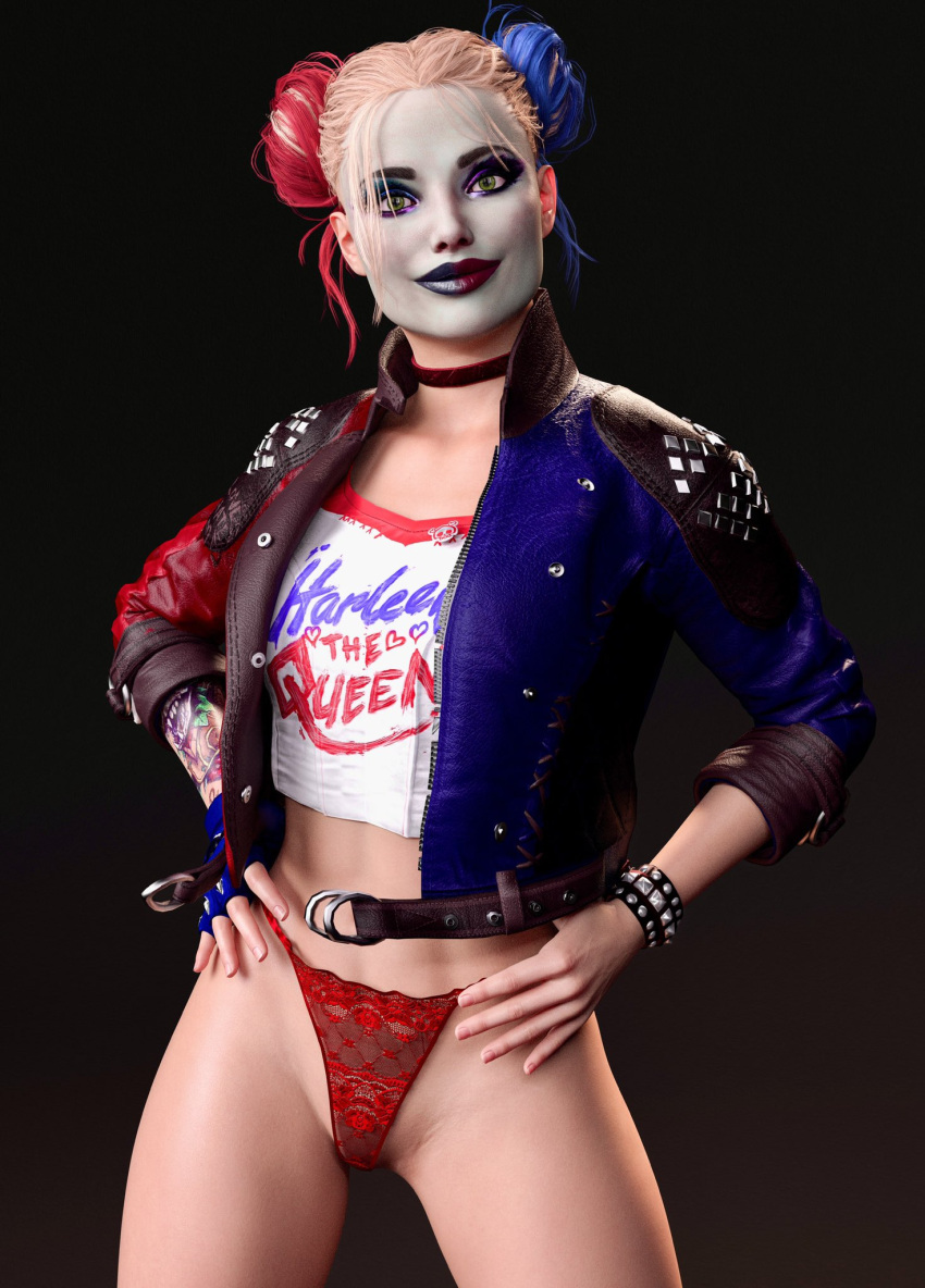 1girls 3d 3d_(artwork) 3dcg 3dx agent_4_tea_se7en arkhamverse bare_legs bare_thighs barefoot batman_(series) blonde_female blonde_hair blonde_hair_female dc dc_comics face_paint fair-skinned_female fair_skin female female_only harley_quinn harley_quinn_(arkham) harley_quinn_(suicide_squad_game) high-waist_panties high-waisted_thong lace lace-trimmed_panties lace-trimmed_thong lace_panties lace_thong lace_trim lace_underwear leather leather_jacket light-skinned_female light_skin no_pants one_glove pale-skinned_female pale_skin panties pinup pinup_girls pinup_pose red_panties red_thong red_underwear skimpy_panties skimpy_thong smile smiling_at_viewer smiling_at_you solo solo_female standing suicide_squad suicide_squad:_kill_the_justice_league thong thong_panties thong_underwear tied_hair tight_panties tight_pussy tight_thong twin_buns underwear undies