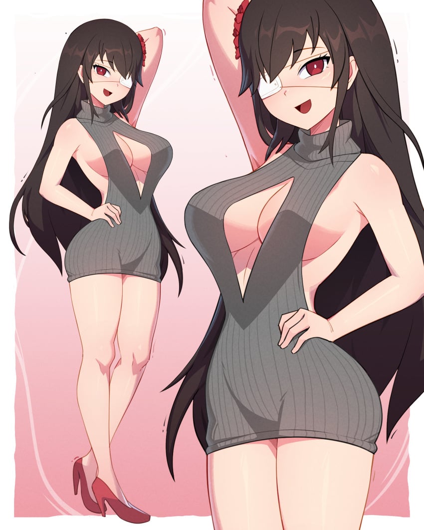 1girls arms_behind_head big_breasts black_hair busty commission date_a_live eyepatch female female_only hand_on_hip high_heels huge_breasts inner_sideboob large_breasts long_hair looking_at_viewer red_eyes satelyte sideboob smiling smiling_at_viewer solo sweater tokisaki_kurumi very_high_resolution virgin_killer_sweater