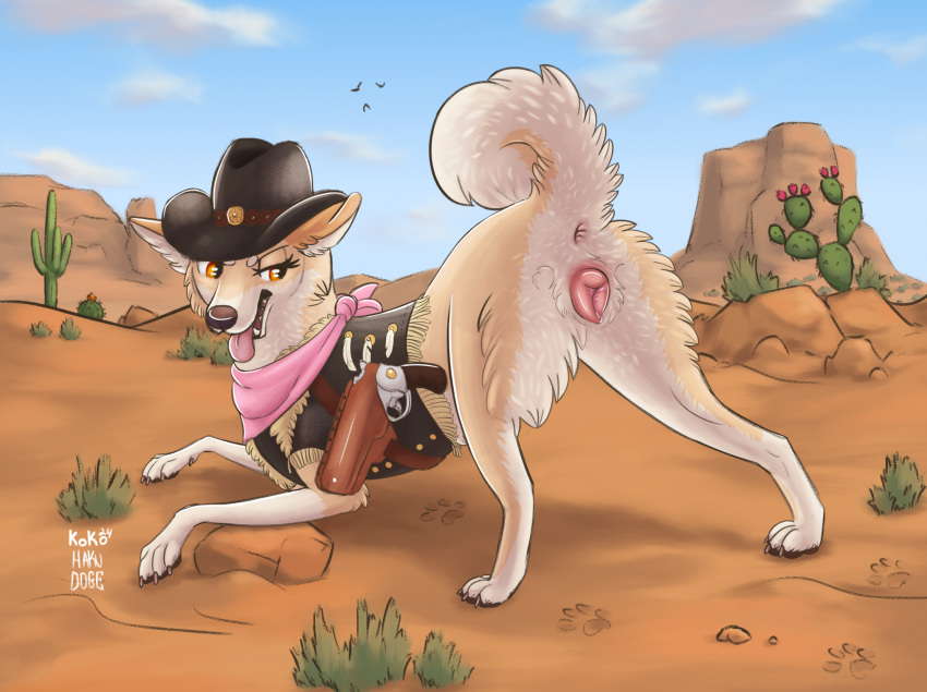 anatomically_correct anatomically_correct_genitalia anatomically_correct_pussy animal_genitalia animal_pussy ass ass_up cactus canid canine canine_genitalia canine_pussy canis clothed clothed_feral clothing collaboration cowboy cowboy_hat desert detailed_background domestic_dog female feral firearm genitals gun hakudoge handgun hat headgear headwear hi_res kerchief mammal neckerchief panama_(hakudoge) pistol plant presenting presenting_hindquarters pussy queenkoko ranged_weapon revolver shiba_inu solo spitz tongue tongue_out topwear vest weapon wild_west