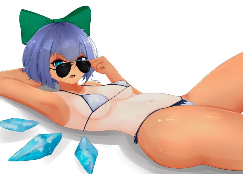 1girls 2d adjusting_eyewear adjusting_glasses adjusting_sunglasses armpit artist_name artist_signature aviator_sunglasses belly belly_button bikini bikini_only blue_eyes blue_hair breasts cirno fairy female hair_ribbon ice_wings looking_at_viewer looking_over_eyewear looking_over_glasses looking_over_sunglasses lying lying_on_back medium_breasts mik0h1me nipple_bulge open_mouth short_hair sideass solo source sunglasses swimsuit_only tan_body tan_lines tanned thick_thighs thighs tinted_eyewear touhou white_background wings