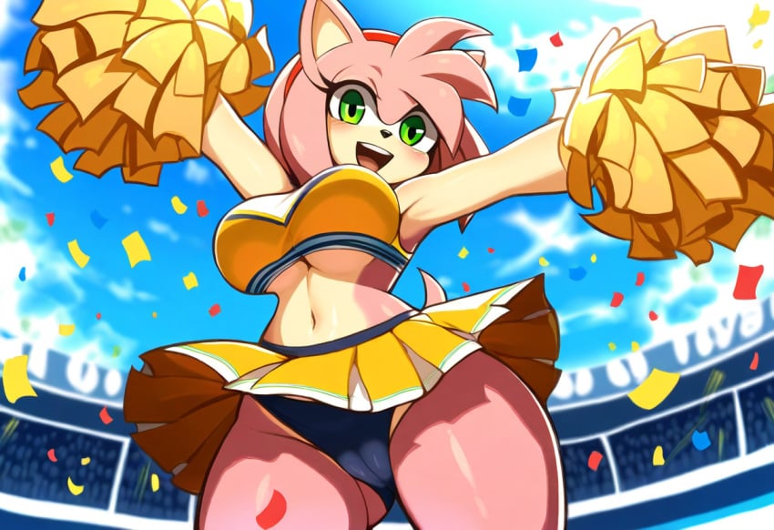 ai_generated amy_rose cameltoe cheerleader cheerleader_uniform curvaceous female furry large_breasts mullon novelai panties pom_poms public sega sonic_(series) sonic_the_hedgehog_(series) stadium stadium_background thick_thighs