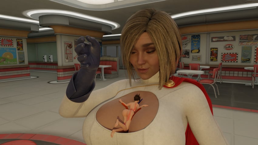 2girls 3d between_breasts big_breasts blonde_hair cleavage dc dc_comics female giantess huge_breasts kara_zor-l karen_starr macro micro overwatch overwatch_2 power_girl size_difference spungyjacket