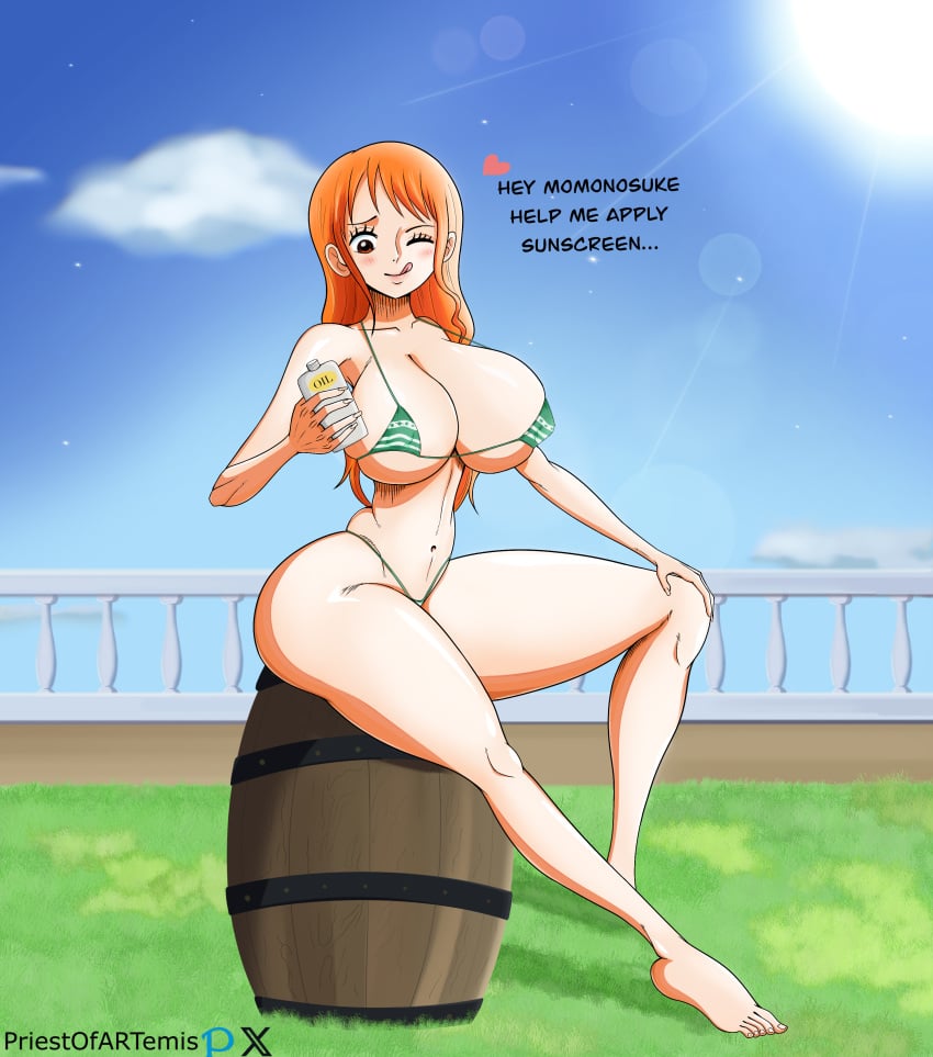 1girls big_ass big_breasts big_nipples bikini clothed female female_focus female_only huge_breasts kozuki_momonosuke long_hair nami oil one_piece orange_hair post-timeskip priestofart priestofartemis sea ship sitting tattoo text thick_thighs thighs