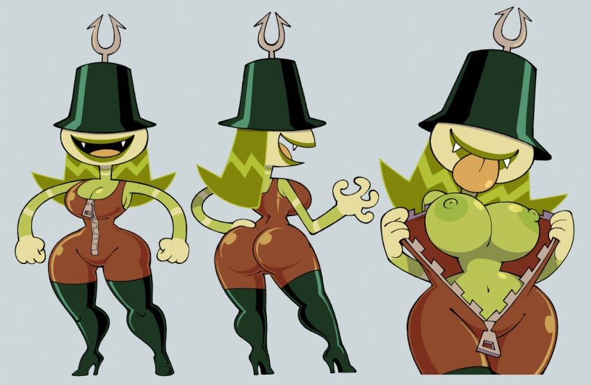 big_ass big_breasts breasts female female_focus female_only green_body high_heel_boots high_heels my_life_as_a_teenage_robot nipples stealth_brock stripping tammy_(mlaatr) undressing unzipping