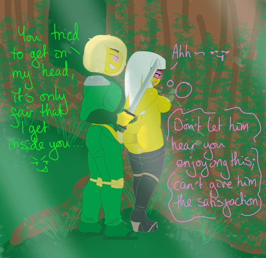 anal anal_penetration crystalized_(ninjago) duchess_pixal from_behind harumi_(ninjago) jungle lego lloyd_garmadon naked_female ninjago white_hair yellow_skin