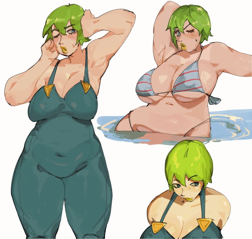 1girls big_breasts bikini boobs_bigger_than_head breasts breasts_bigger_than_head chubby cleavage female foo_fighters green_hair jojo&#039;s_bizarre_adventure overalls ryota_ravioli shounen_jump simple_background stone_ocean wet wet_body wink