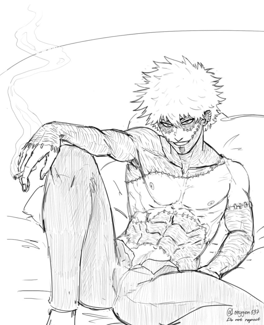 1boy cigarette dabi happy_trail line_art male male_focus male_only my_hero_academia open_pants oxigen537 posing posing_for_the_viewer scars shirtless shirtless_male smoking solo solo_focus solo_male todoroki_touya touya_todoroki