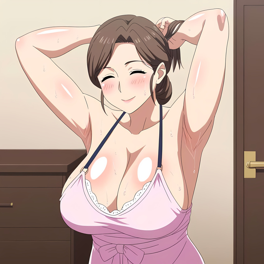 ai_generated armpits arms_behind_back arms_up light_skin mature mature_female milf mother seductive smooth_skin sweat sweating sweaty withoutgod