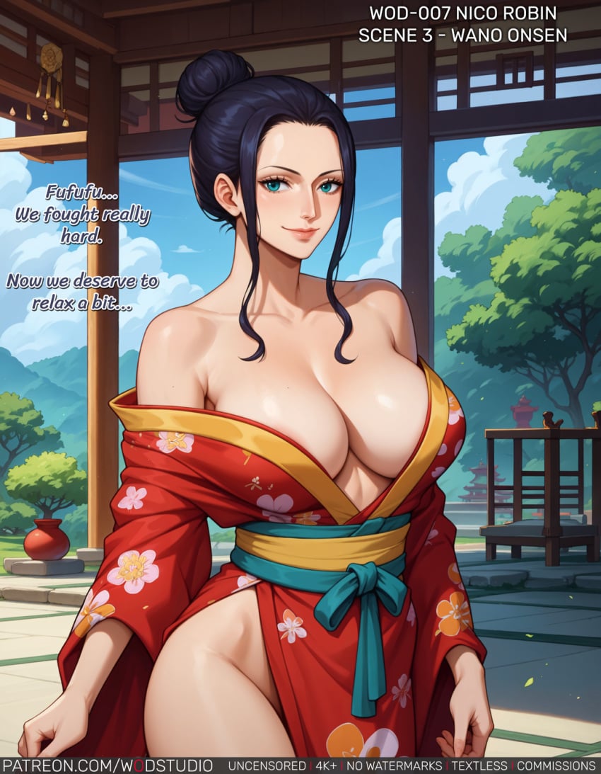 ai-created ai_generated aqua_eyes areola_slip areolae artist_name bare_shoulders black_hair blue_eyes blue_sky breasts clavicle cleavage closed_mouth clothing cloud cowboy_shot day english_language english_text female female_only floral_print forehead groin hair_bun high_resolution indoors kimono large_breasts lips long_hair long_sleeves looking_at_viewer mountain nico_robin no_bra obi off_shoulder one_piece outdoors patreon_username post-timeskip robe sash sidelocks sky smile solo text thighs tied_hair traditional_clothes tree username wafuku wardrobe_malfunction wodstudio