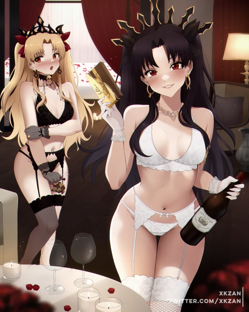 2girls bare_arms bare_belly bare_midriff bare_shoulders bare_skin bare_thighs belly belly_button black_garter_straps black_gloves black_hair black_hair_female black_legwear black_lingerie black_panties black_stockings black_thighhighs blonde_eyebrows blonde_female blonde_hair blonde_hair_female blush blush_lines blushing_at_viewer blushing_female bra breasts candle candle_wax candlelight candles cleavage collarbone completely_naked completely_naked_female completely_nude completely_nude_female covering covering_crotch covering_self crown dot_nose earrings elbows embarrassed embarrassed_female ereshkigal_(fate) exposed exposed_arms exposed_belly exposed_midriff exposed_shoulders exposed_thighs exposed_torso eyebrows_visible_through_hair fate/grand_order fate_(series) female female_focus female_only female_pubic_hair fingers full_body garter_straps gloves groin hair_ornament hair_ornaments half_naked head_tilt head_tilted_back high_resolution highres hourglass_figure ishtar_(fate) knees lace_bra lace_gloves lace_lingerie lace_panties lace_thighhighs lace_underwear laced_bra laced_panties laced_underwear lamp legs legwear light-skinned_female light_skin lingerie lingerie_bra lingerie_panties lips long_hair looking_at_viewer medium_breasts multiple_females multiple_girls naked naked_female navel open_mouth panties parted_bangs red_eyes red_eyes_female red_rose rose shoulders slender_body slender_waist slim_girl slim_waist smile smiling smiling_at_viewer standing stockings table thick_thighs thighhighs thighs thin_waist tilted_head tongue twintails twintails_(hairstyle) underwear v-line white_garter_straps white_gloves white_legwear white_lingerie white_panties white_stockings white_thighhighs wide_hips wine wine_bottle wine_glass xkzan