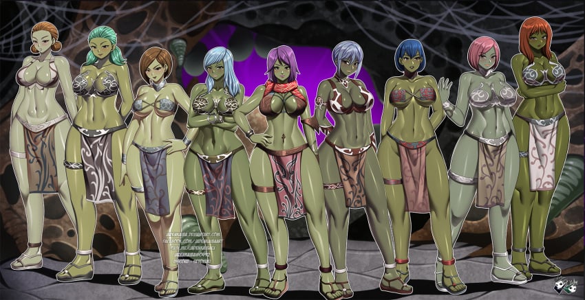 9girls blue_hair brown_hair cleavage_cutout female female_only fully_clothed green_skin harem harem_girl harem_outfit jadenkaiba large_breasts loincloth long_hair medium_hair original original_characters pink_hair purple_hair revealing_clothes sandals short_hair teal_hair