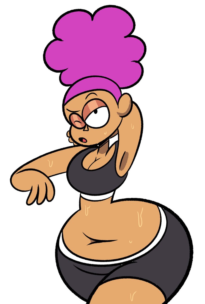 2d armpits belly big_ass breasts cartoon_network cleavage dark_skin dumptruck_ass enid exhausted oboithisisfunky ok_k.o.!_let&#039;s_be_heroes one_eye_closed puffy_hair purple_hair sports_bra sweaty thick_thighs white_background wide_hips workout_clothes