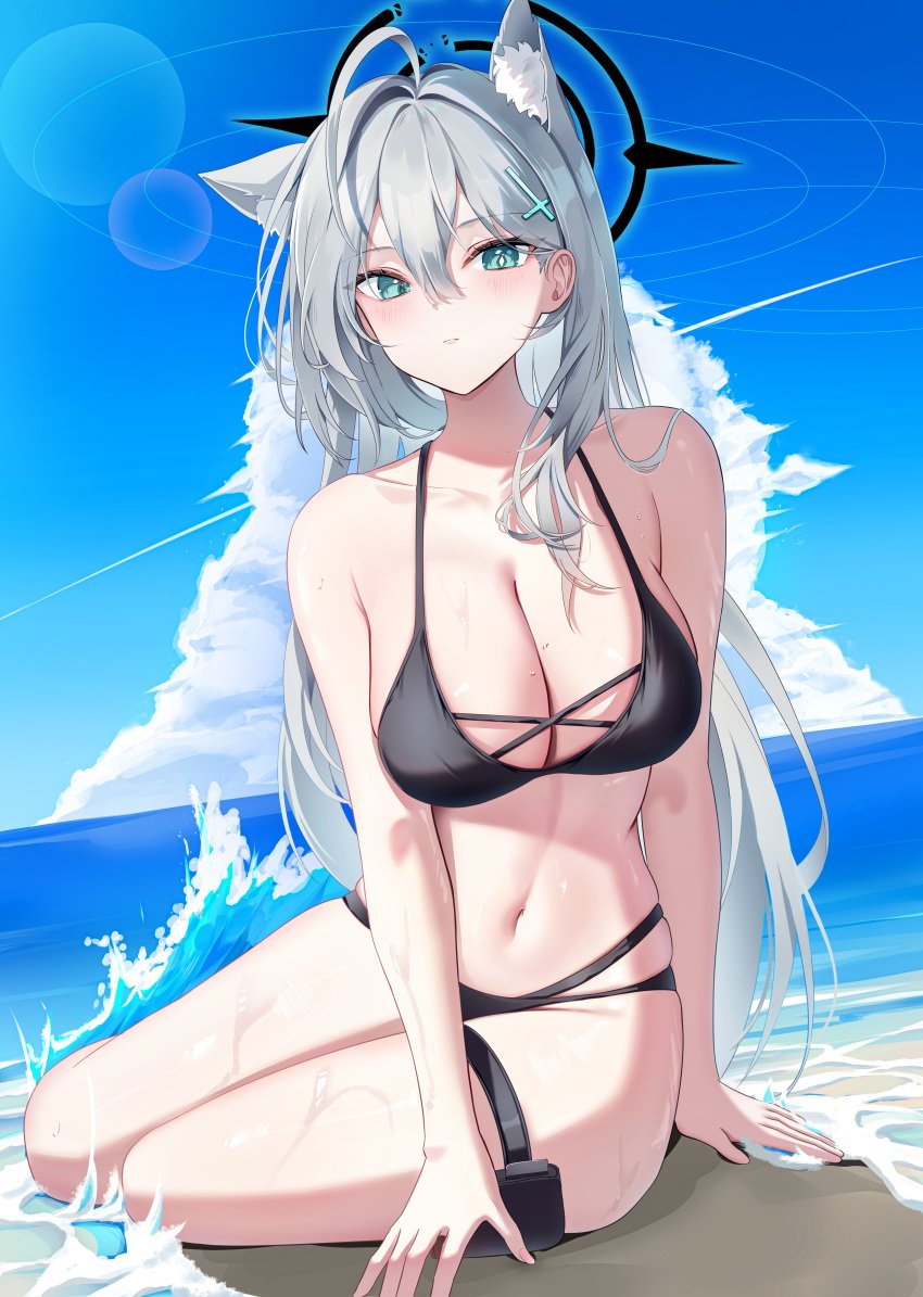 absurdres abydos_high_school_student ahoge animal_ears aqua_eyes beach bikini black_bikini black_halo blue_archive blue_sky breasts cleavage closed_mouth cross_hair_ornament day female grey_hair hair_ornament halo highres holster large_breasts lens_flare li_se long_hair mismatched_pupils ocean outdoors shiroko_(blue_archive) shiroko_(terror)_(blue_archive) sitting sky solo swimsuit thigh_holster very_long_hair water waves wet wolf_ears yokozuwari