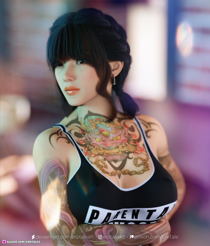 1girls 2022 3d asian asian_female black_hair brown_eyes chest_tattoo earrings erotales female female_only indoors large_breasts original_character short_hair slushe_(website) solo solo_female tattoo xinyang_(erotales)