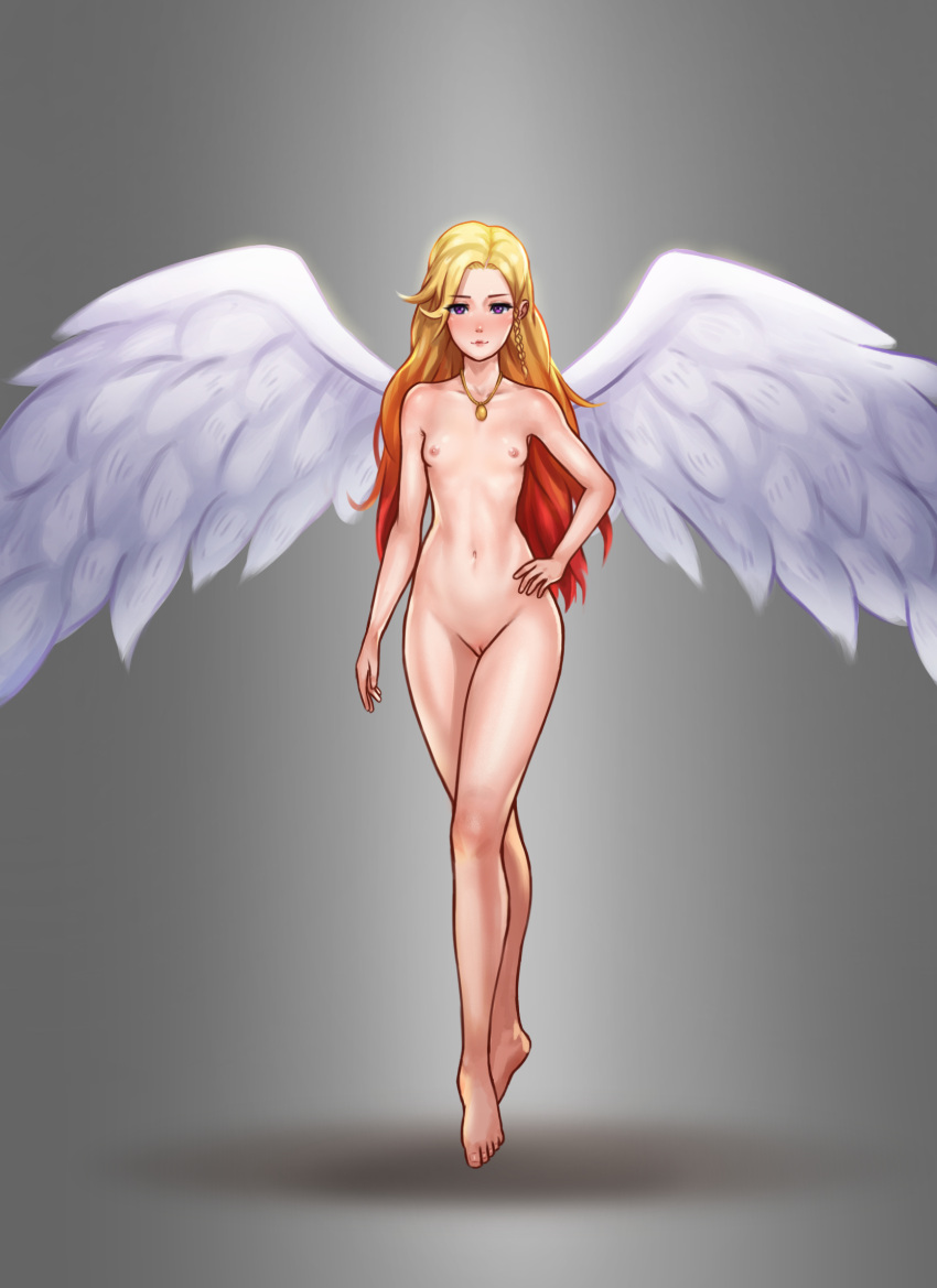 1girls angel barefoot blonde_hair blush braid breasts casual feathers female floating gradient gradient_hair grey_background hand_on_hip highres jewelry long_hair looking_at_viewer navel necklace neckwear nipples nude original purple_eyes pussy red_hair side_braid simple_background small_breasts solo volibergo white_wings wings