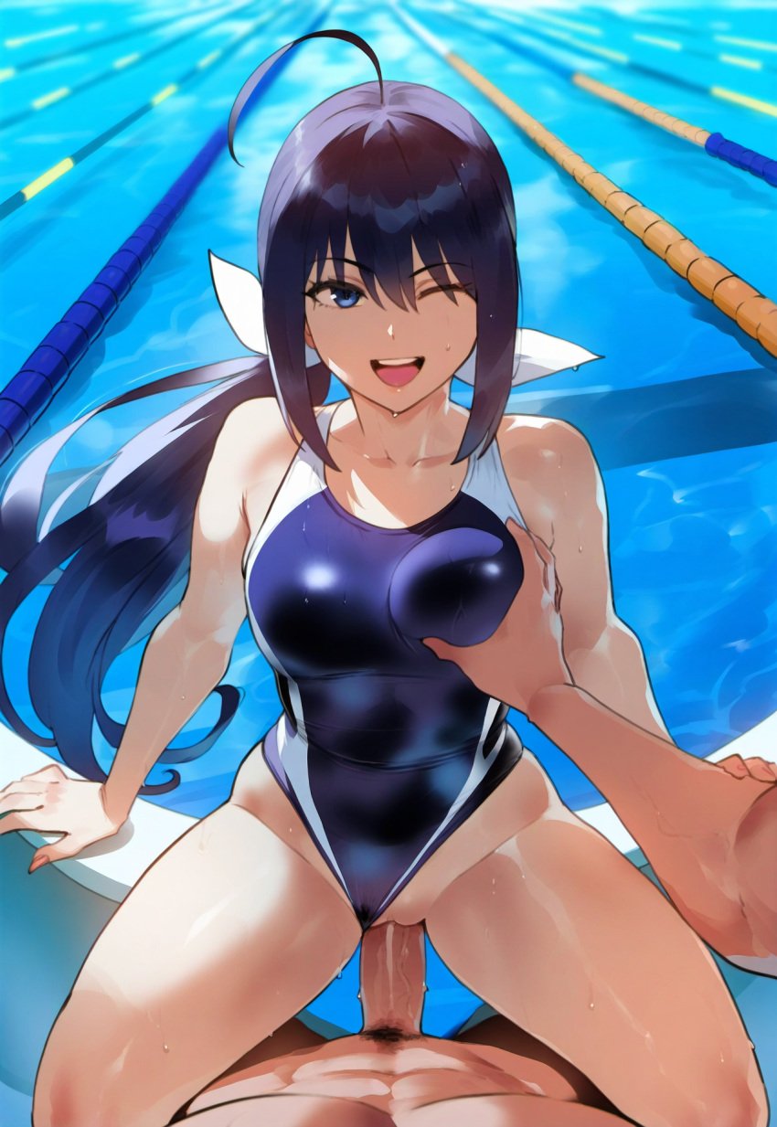 1boy 1girls ai_generated breast_grab grabbing_another's_breast kaminashi_nozomi keijo!!!!!!!! one-piece_swimsuit ponytail pool pov public public_sex sex spread_legs swimsuit_aside thiccwithaq_(ai_style) tittyg-ai vaginal_penetration