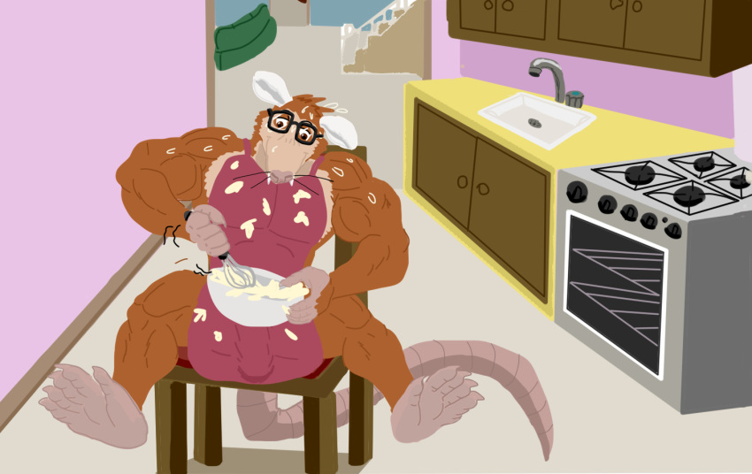 2024 american_opossum anthro apron brown_body bulge chair clothing detailed_background detailed_bulge eyewear furniture genital_outline geuremon glasses kitchen male mammal marsupial muscular muscular_male penis_outline sitting solo