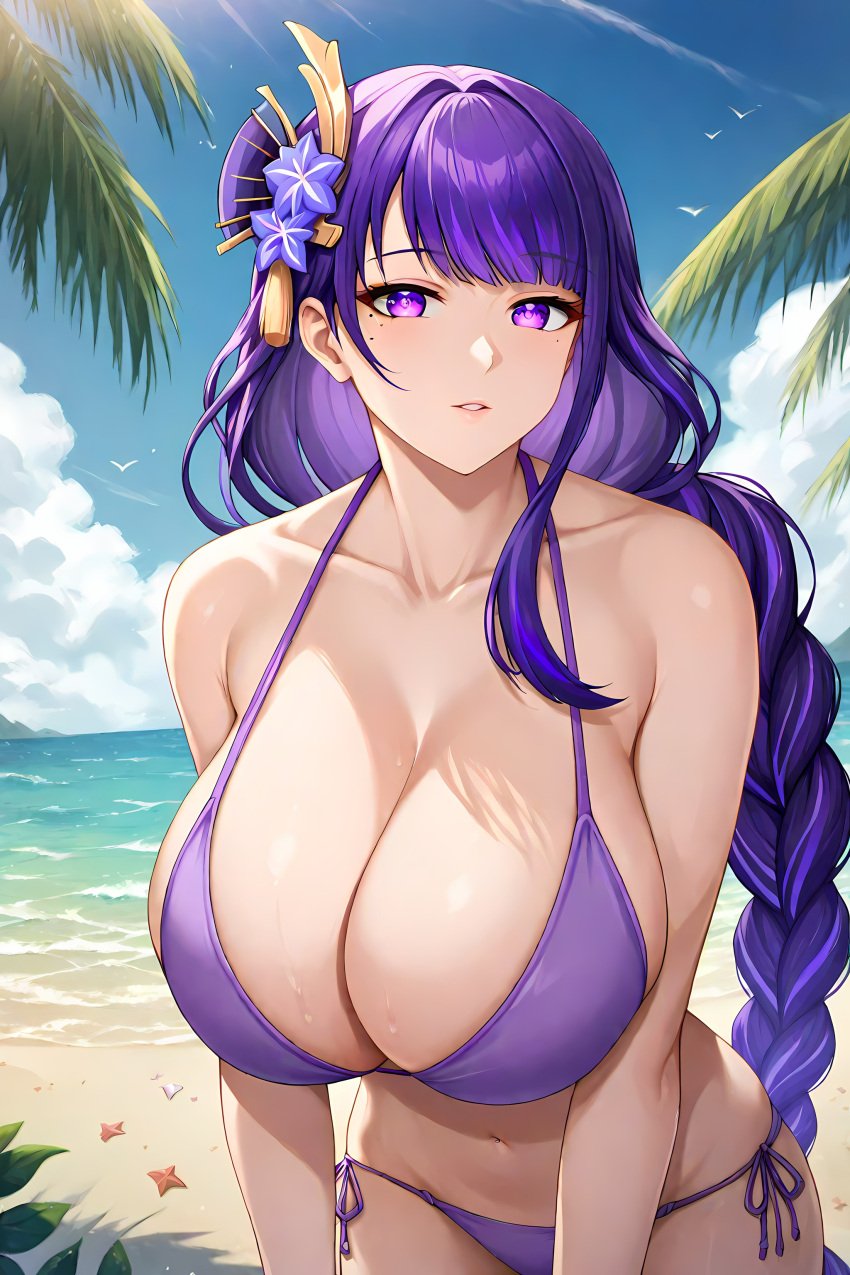 ai_generated beach bikini bikini_bottom bikini_top braid breasts cleavage evodubeai female genshin_impact hair_ornament huge_breasts light_skin long_hair ocean purple_eyes purple_hair raiden_shogun