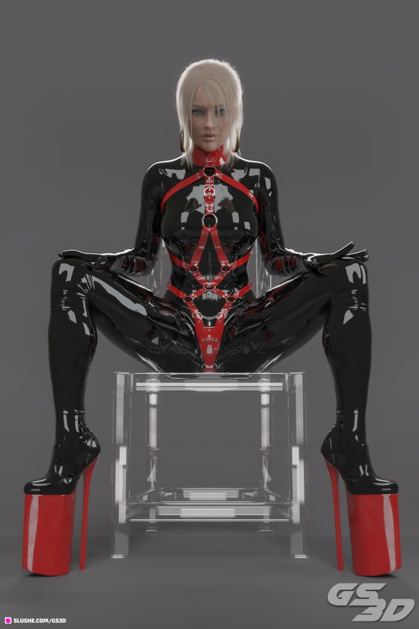 1girls 2022 3d alternate_version_available black_body black_bodysuit black_skin blonde_hair bodysuit chair clothed clothing earrings female female_only front_view glass_chair grey_background gs3d hoop_earrings looking_at_viewer platform_heels red_straps seated shiny_clothes sitting slushe_(website) solid_color_background solo solo_female spread_legs straps