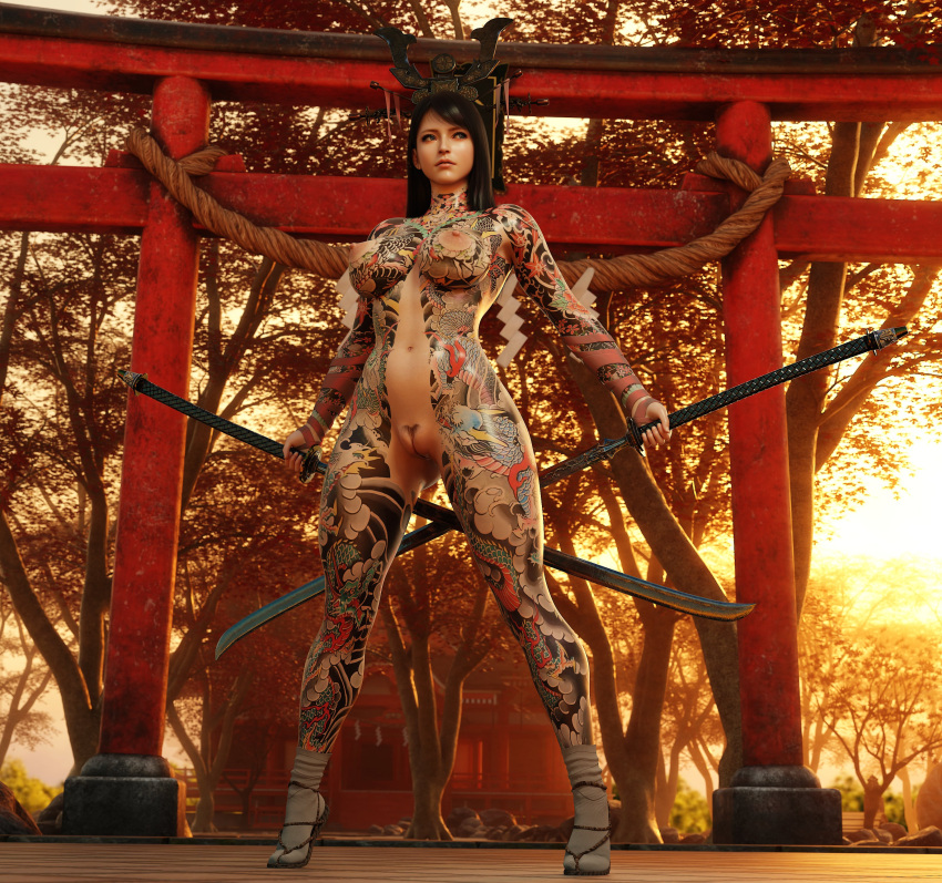 1girls 3d casual confident confidently_naked female female_pubic_hair footwear irezumi long_hair looking_at_viewer naked_footwear nipples no_bra no_panties nude nudist pale_skin public shinto_shrine shrine skyarsenic solo sword tattoo tattoos weapon